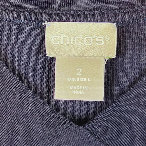 Chicos Top 2 Large Midnight Blue Artisan Floral V Neck Resort Wear Chic Blouse - Picture 7 of 9